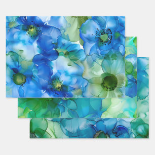 Feuille De Papier Cadeau Joli Liquide `Fleurs d'Encre Fluide Bleu & Vert