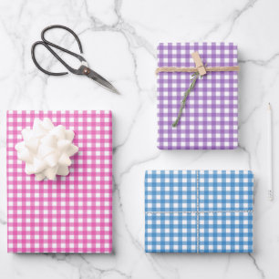 Feuille De Papier Cadeau Joli motif gingham rose bleu violet