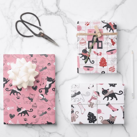 Feuille De Papier Cadeau Joli Noël Kitty Chat Motif (Recto)