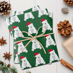 Feuille De Papier Cadeau Joli Noël Polaire Ours Père Noël Chapeau Vert E