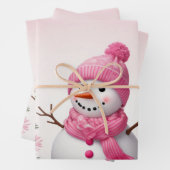 Feuille De Papier Cadeau Joli Noël Rose Snowman & Trees (En situation)