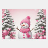Feuille De Papier Cadeau Joli Noël Rose Snowman & Trees (Devant)