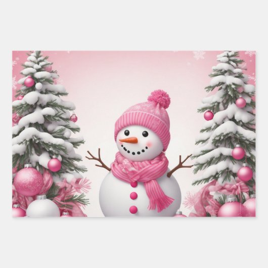 Feuille De Papier Cadeau Joli Noël Rose Snowman & Trees (Devant)