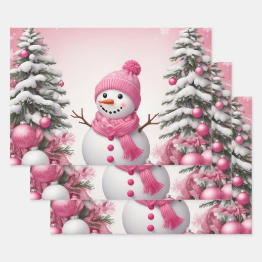 Feuille De Papier Cadeau Joli Noël Rose Snowman & Trees (Lot)