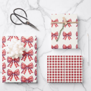 Feuille De Papier Cadeau Joli nœud à carreaux rouge et crème