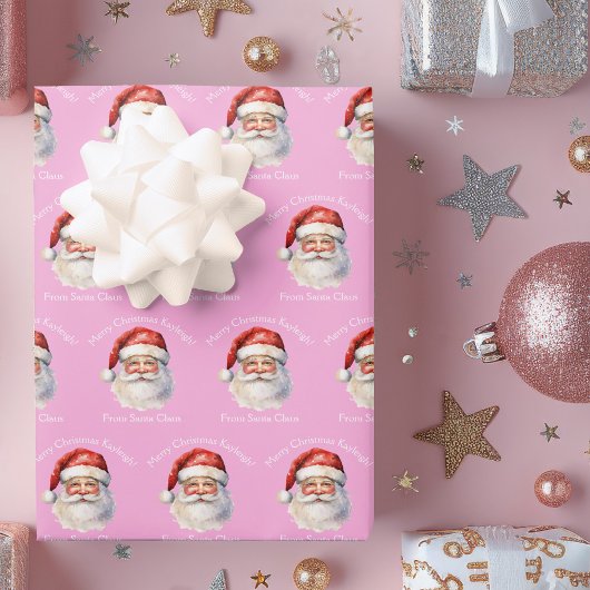 Feuille De Papier Cadeau Joli Père Noël Rose Personnalisé Filles Noël