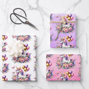 Feuille De Papier Cadeau Joli rose, violet et or Unicorne Anniversaire Part