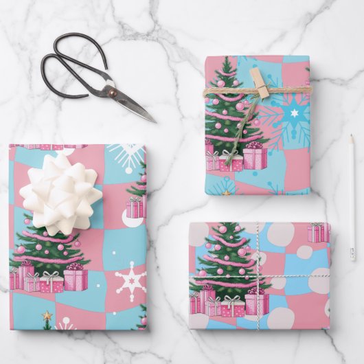 Feuille De Papier Cadeau Joli sapin de Noël rose (Recto)