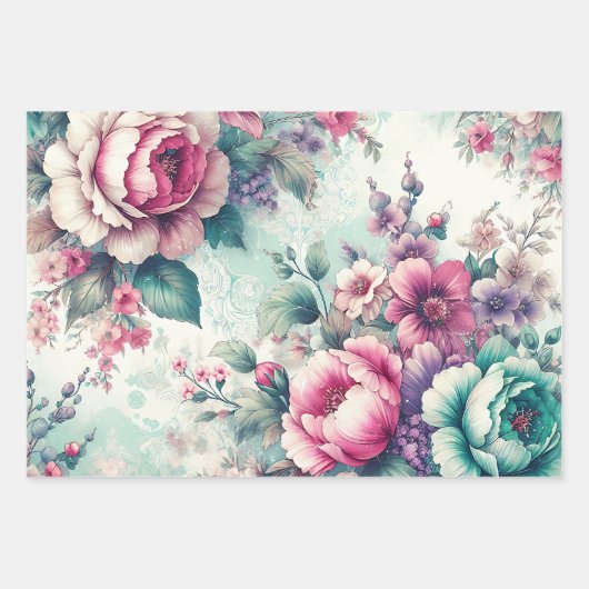 Feuille De Papier Cadeau Joli Shabby Chic Floral Anniversaire (Devant)