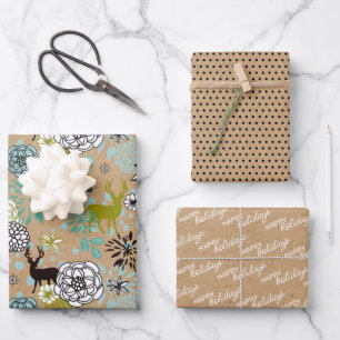 Feuille De Papier Cadeau Joli Turquoise Blue Green Floral Et Deer Art Motif