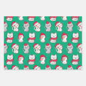 Feuille De Papier Cadeau Joli Whimsical Green & Red Cartoon Chat Noël (Devant 3)