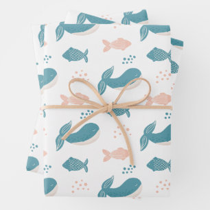 Feuille De Papier Cadeau Jolie baleine bleue et poisson. Animal marin