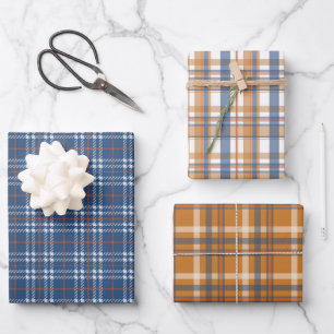 FEUILLE DE PAPIER CADEAU JOLIE BLEU & BROWN TOMBE MOTIF PLAID