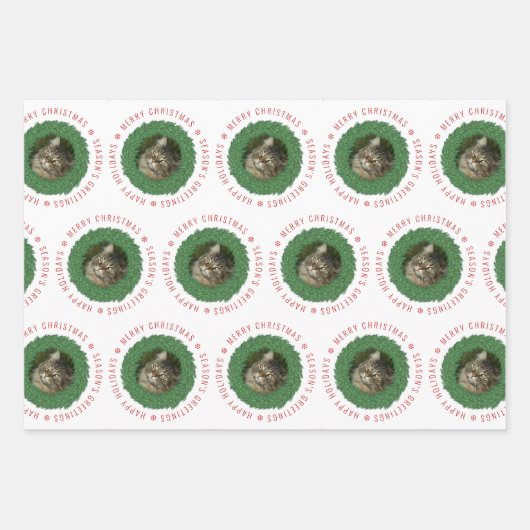 Feuille De Papier Cadeau Jolie féline Noël Wreath Personnalisée Photo pour (Devant 3)