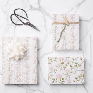 Feuille De Papier Cadeau Jolie Fête de Mariage aux Fleurs Roses et Rayures