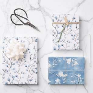 Feuille De Papier Cadeau Jolie Fête de Mariage Florale Blanche Bleue