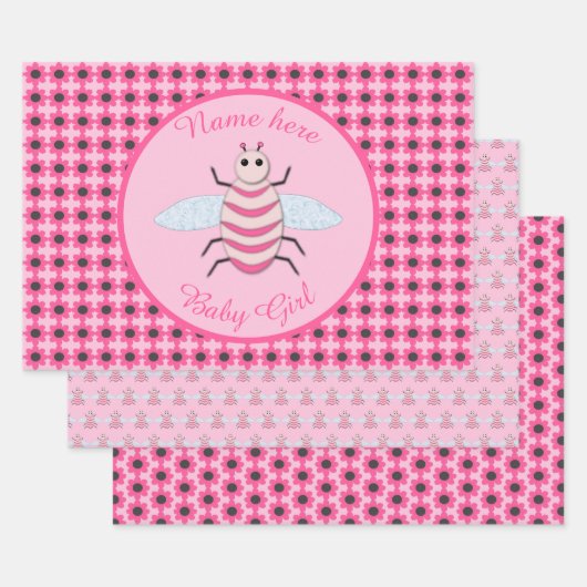 Feuille De Papier Cadeau Jolie fille rose bébé Bee personnalisée (Lot)