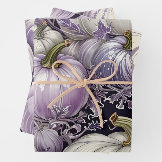 FEUILLE DE PAPIER CADEAU JOLIE LAVENDER PURPLE & WHTE TOMBE CITROUILLES (En situation)