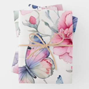 Feuille De Papier Cadeau Jolie oeillets rose Papillon Mélange d'oiseaux