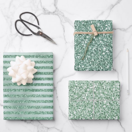 Feuille De Papier Cadeau Jolie Parties scintillant verte Mint Ombre Stripes (Recto)