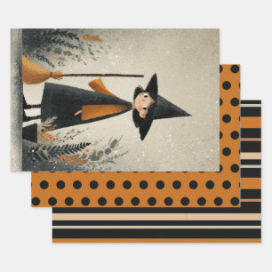 Feuille De Papier Cadeau Jolie Sorcière Brûlée Orange et Noir Halloween