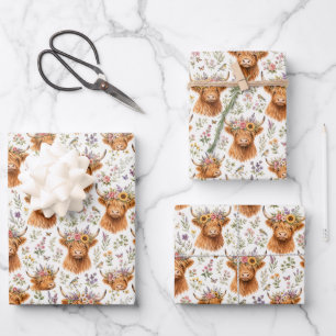 Feuille De Papier Cadeau Jolie vache des Highlands florale aquarelle fantai