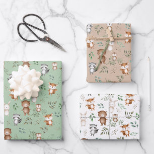 Feuille De Papier Cadeau Jolie verdure Forêt Bois Fête Bébé Animaux