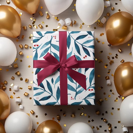 Feuille De Papier Cadeau Jolies branches d'aquarelle - turquoise et rouge