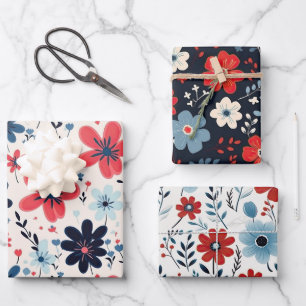 Feuille De Papier Cadeau Jolies Fleurs Bleues et Rouges de Style Rétro