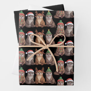 Feuille De Papier Cadeau Jolies loutres de Noël drôles lumières de Noël ani