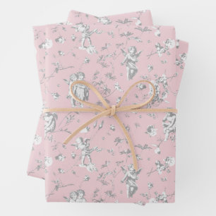 Feuille De Papier Cadeau Jolis Anges Chérubins Cupidon Vintage Fleurs Roses