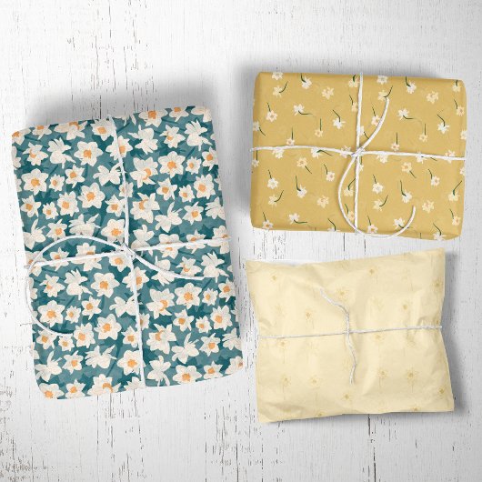 Feuille De Papier Cadeau Jonquille de printemps floral | Sarcelle et jaune