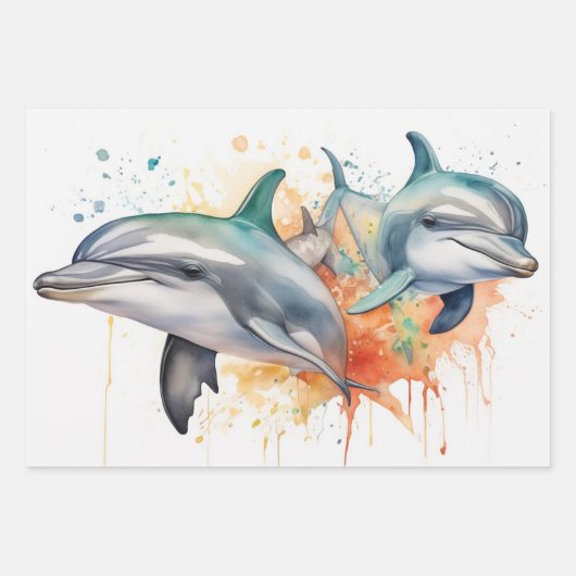 Feuille De Papier Cadeau Jouer Dauphins d'aquarelle et récif de corail (Devant)