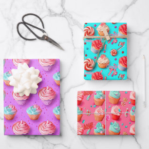 Feuille De Papier Cadeau Jouer Lilac coloré, Bleu et Cupcake rose