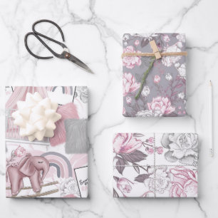 FEUILLE DE PAPIER CADEAU JOUETS DE FILLES DE BÉBÉ ROSE & GRIS COEUR FLEUR