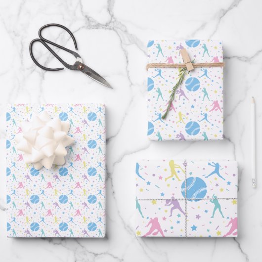 Feuille De Papier Cadeau Joueuses de softball étoiles (Recto)