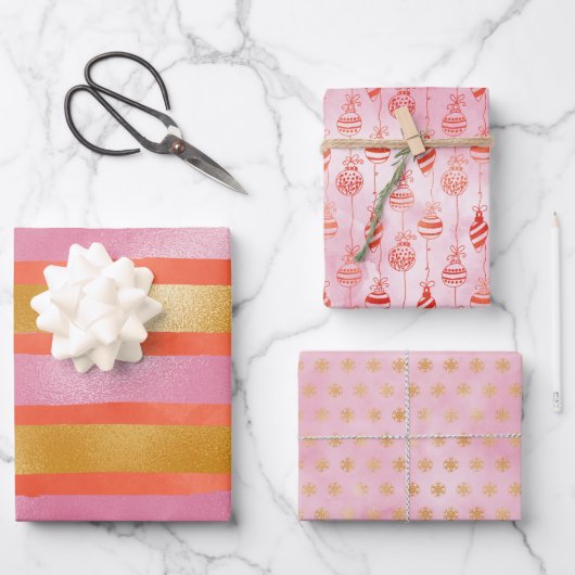 Feuille De Papier Cadeau Jour de Noël Rose Orange Or (Recto)