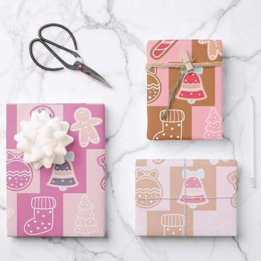 Feuille De Papier Cadeau Jour férié joli en tableau rose et Brown Noël (Recto)