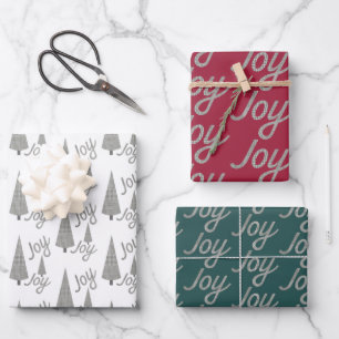 Feuille De Papier Cadeau Joy Xmas Tree Houndstooth Blanc Bourgogne Vert