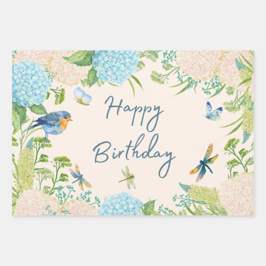 Feuille De Papier Cadeau Joyeuse aquarelle d'anniversaire Hydrangea Fleurs (Devant)