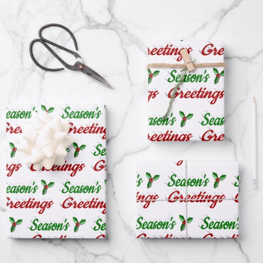 Feuille De Papier Cadeau Joyeuses Fêtes Holly Noël rouge vert (Recto)