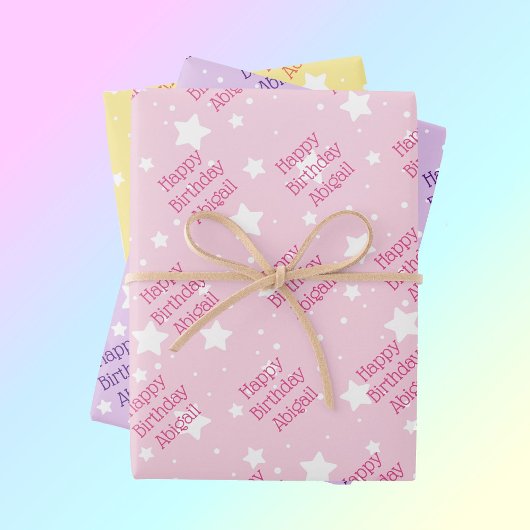 Feuille De Papier Cadeau Joyeuses Filles d'anniversaire Nom Pastel Stars 3