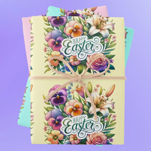 Feuille De Papier Cadeau Joyeuses Fleurs de Printemps de Pâques 3 Versions 