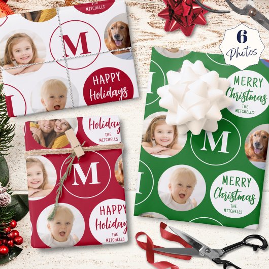 Feuille De Papier Cadeau Joyeuses vacances 6 Photos Monogramme Rouge Vert B