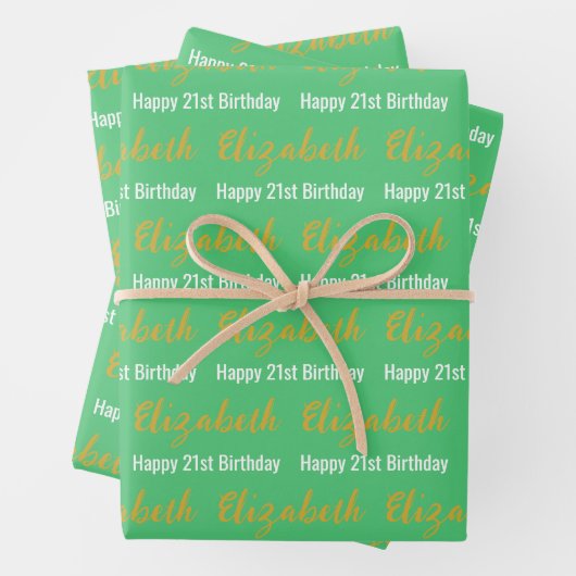 Feuille De Papier Cadeau Joyeux 21e anniversaire Gold Nom Emerald Green Whi (En situation)
