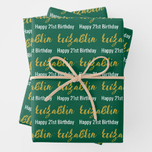 Feuille De Papier Cadeau Joyeux 21e Anniversaire Nom Or Chasseur Vert Blanc