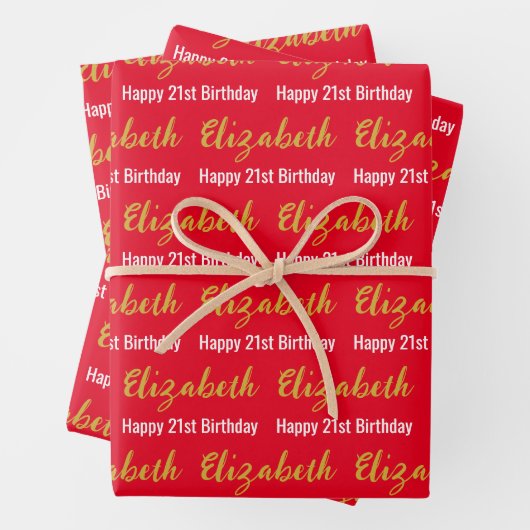 Feuille De Papier Cadeau Joyeux 21e Anniversaire Or Nom Rouge et Blanc bril (En situation)