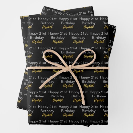 Feuille De Papier Cadeau Joyeux 21e Anniversaire Script Nom Noir Blanc Or (En situation)