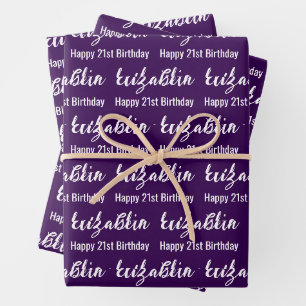 Feuille De Papier Cadeau Joyeux 21e Anniversaire Script Nom Violet Foncé Bl