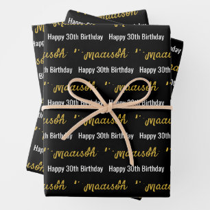 Feuille De Papier Cadeau Joyeux 30e Anniversaire Nom Or Noir et Blanc